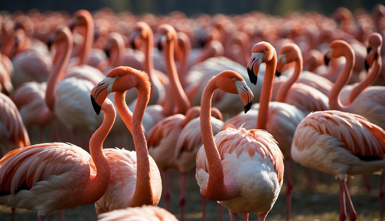 Flamingos gracefully form a synchronized pattern, their vibrant feathers creating a stunning display across different landscapes worldwide