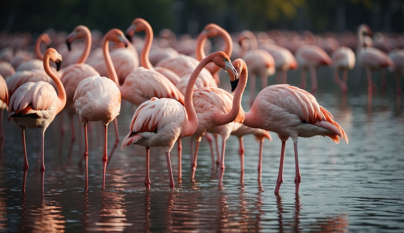 A flock of flamingos gracefully move in perfect synchronization, their elegant bodies forming mesmerizing patterns as they dance across the tranquil waters