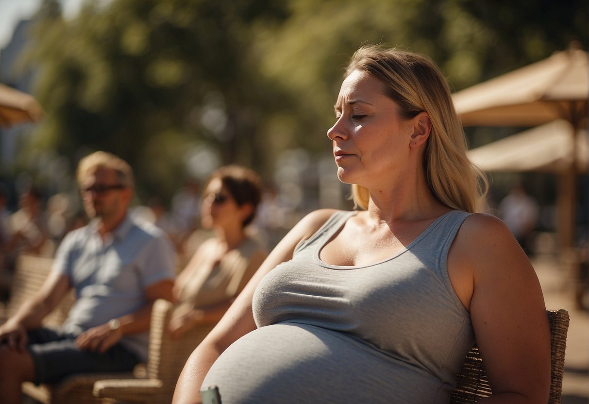 A pregnant woman sits under a scorching sun, fanning herself and wiping sweat from her brow. The outdoor temperature is too hot for pregnancy