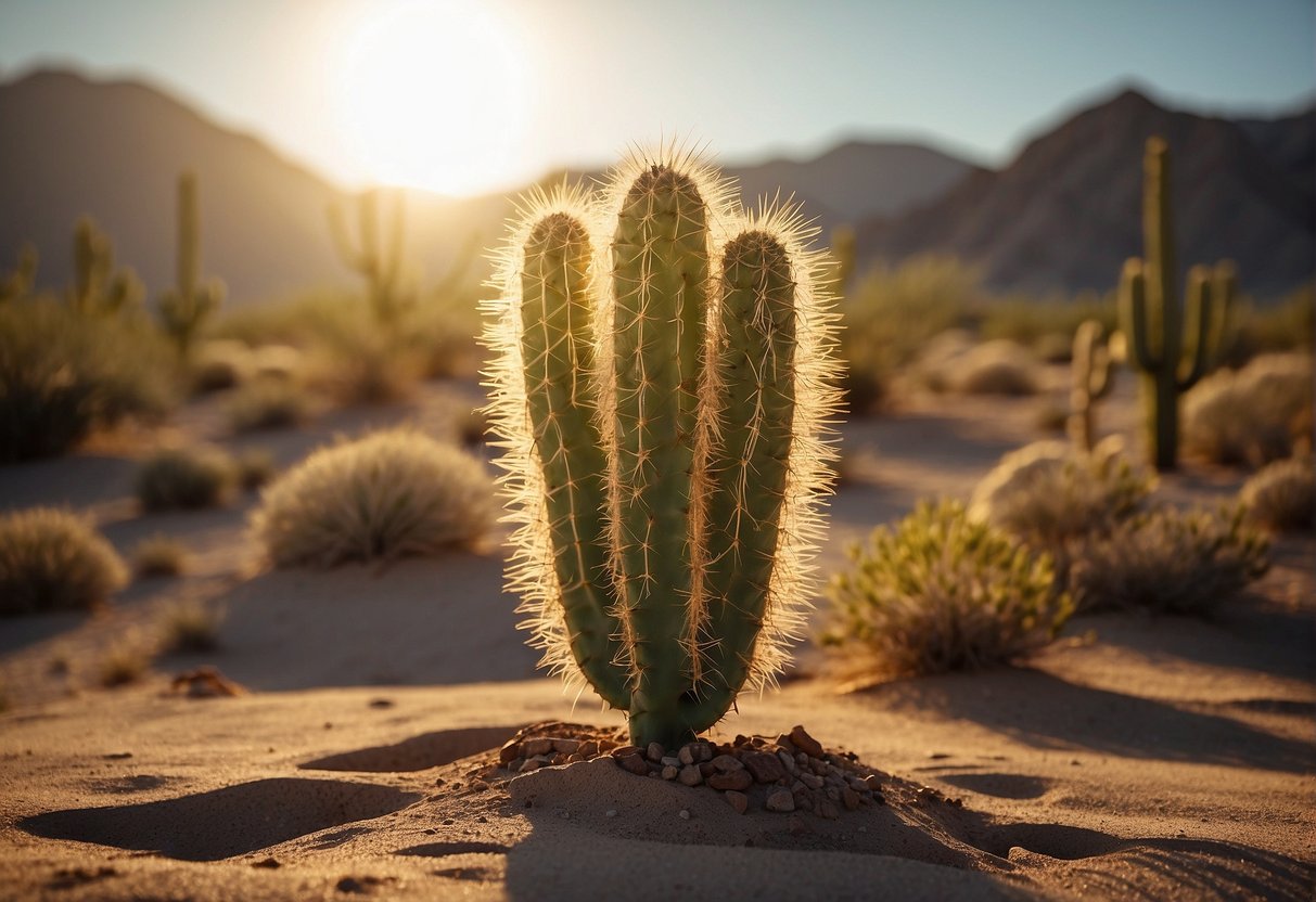 A blazing sun beats down on a deserted desert landscape, with heat waves rippling through the air. A lone cactus stands wilted in the scorching heat, symbolizing the dangerous effects of extreme temperatures on fetal development