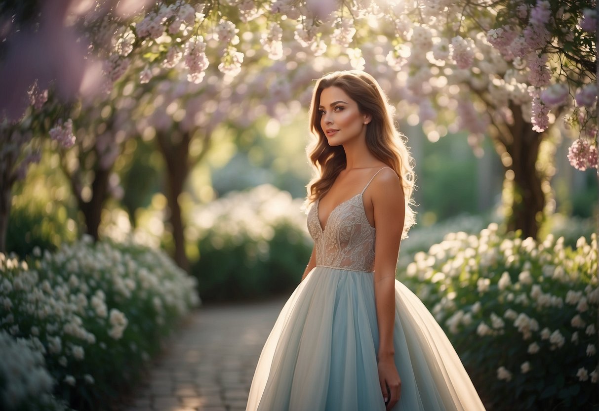 A woman in a flowing, pastel-colored gown stands under a canopy of blooming flowers, surrounded by lush greenery and soft sunlight