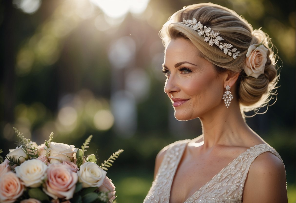 Mother of the bride wears elegant updo and natural makeup for outdoor wedding. She complements her look with a floral hair accessory and soft, rosy blush