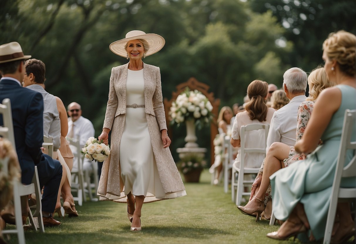 A mother of the bride wearing a elegant and modest dress, with a matching hat and comfortable shoes, standing in a beautiful outdoor wedding venue surrounded by family and cultural symbols