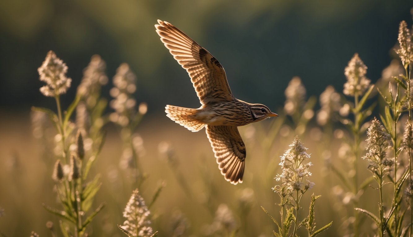 Skylarks soar upward, their melodic song filling the air.

Sunlight illuminates their ascent, creating a dazzling display of vertical flight