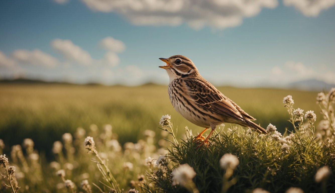 Skylarks soar, singing high above fields.

Their vertical flight creates a musical ascension, a sky-high concert of nature's symphony