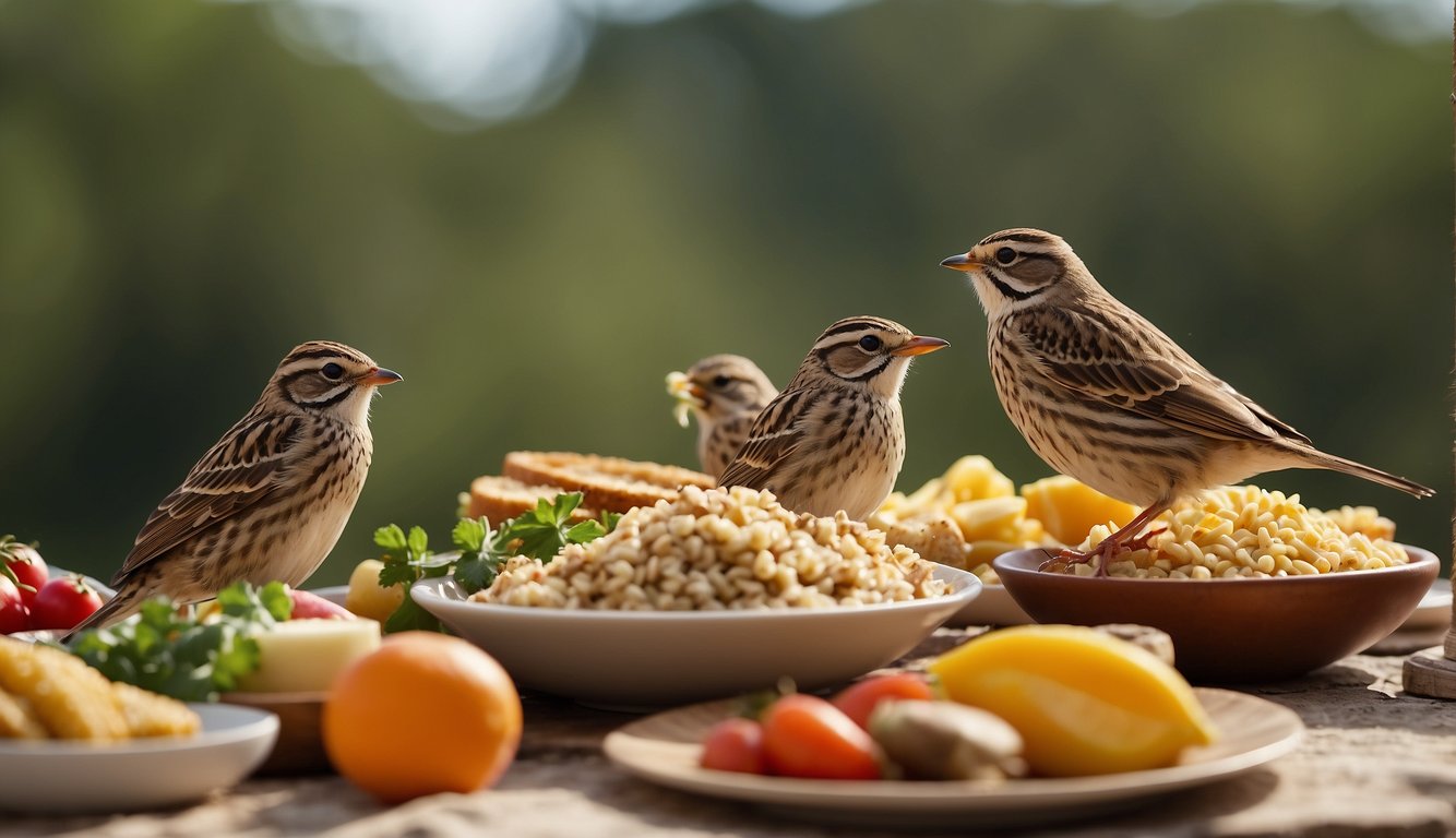 A family of skylarks gathers around a table filled with an array of colorful and delicious food.

Their joyful chirping creates a musical ascension as they take flight in the vertical sky