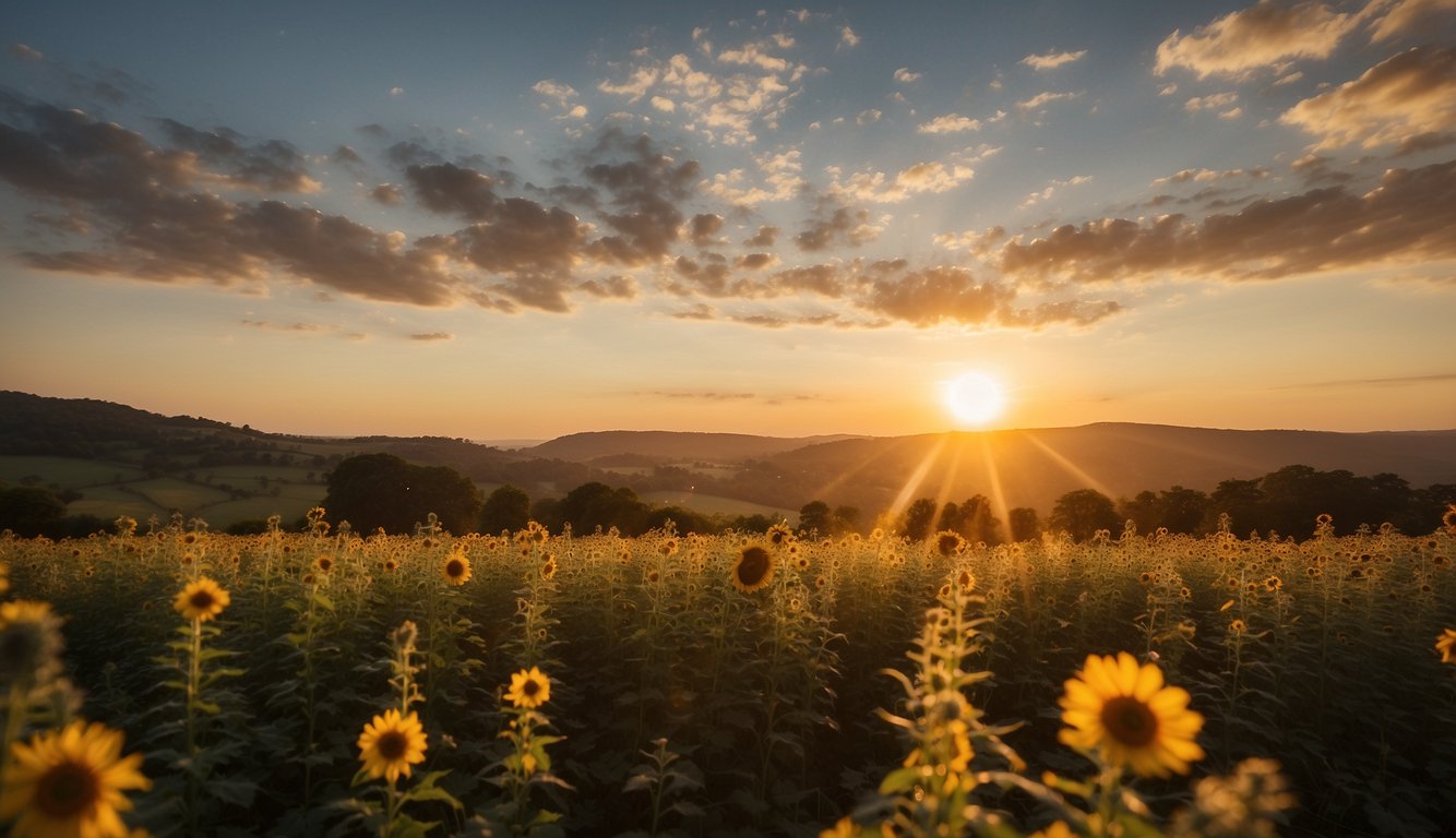 The sun sets over a lush landscape, as skylarks ascend in a vertical flight, their song echoing through the air, symbolizing the connection between conservation and culinary arts