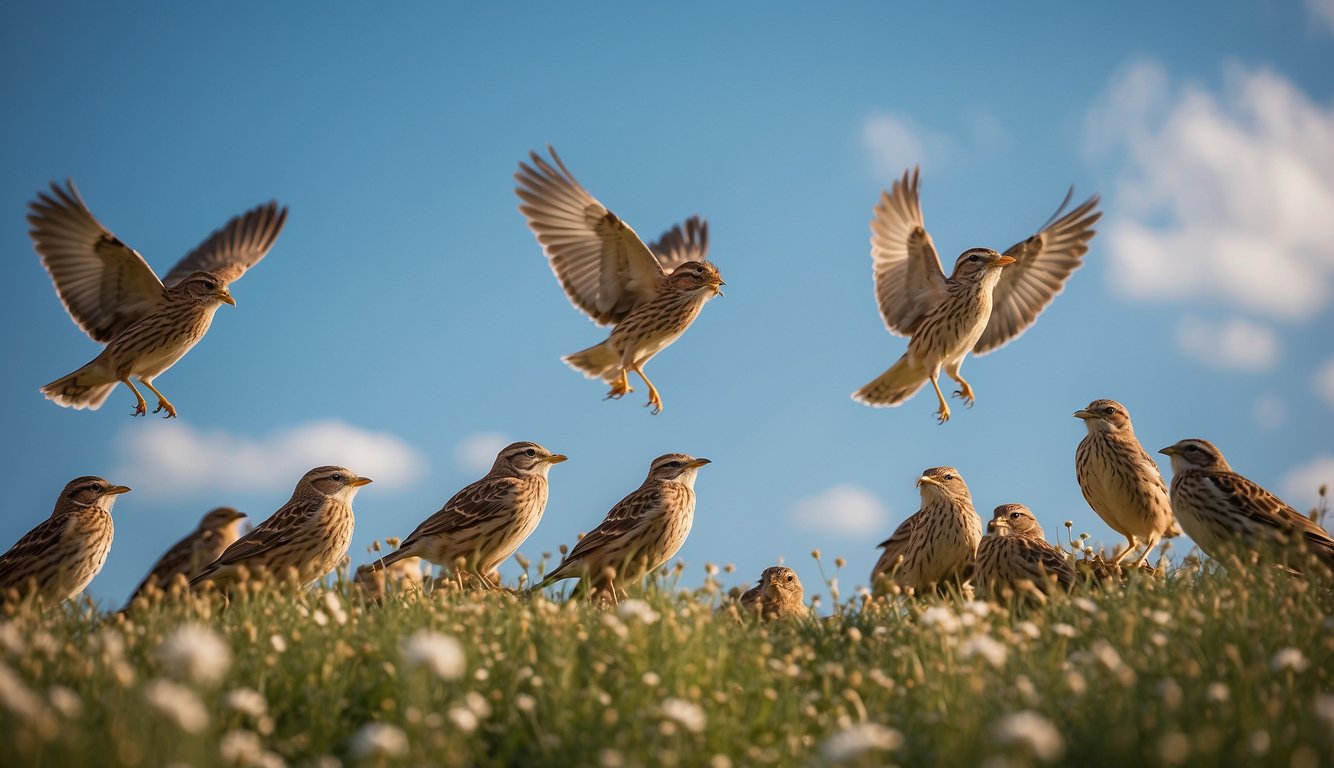 The skylarks soar high, singing their vertical flight song in the clear blue sky, their melodious tunes echoing through the air