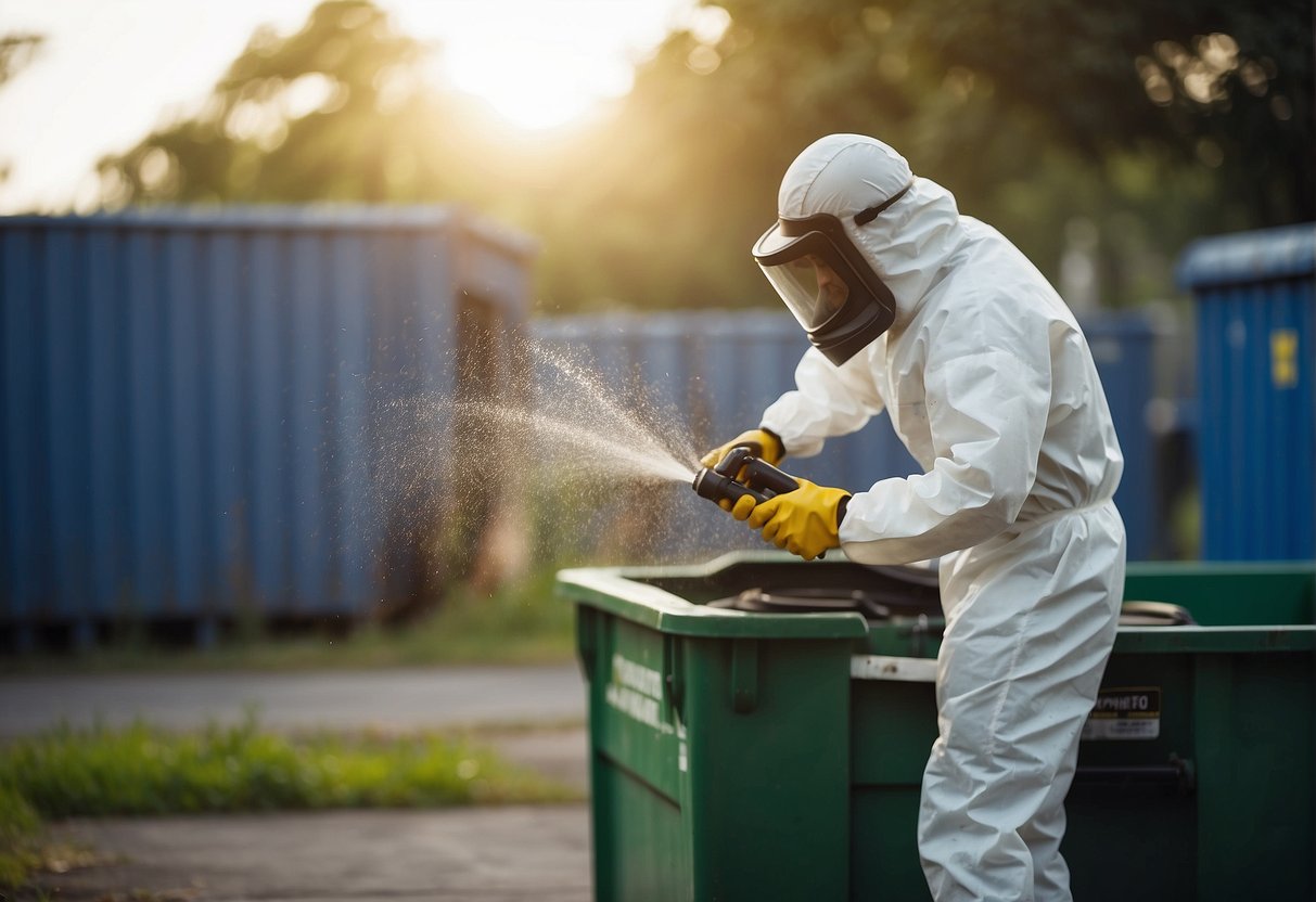 A person in protective gear sprays pesticide around an outdoor dumpster to prevent pest infestation