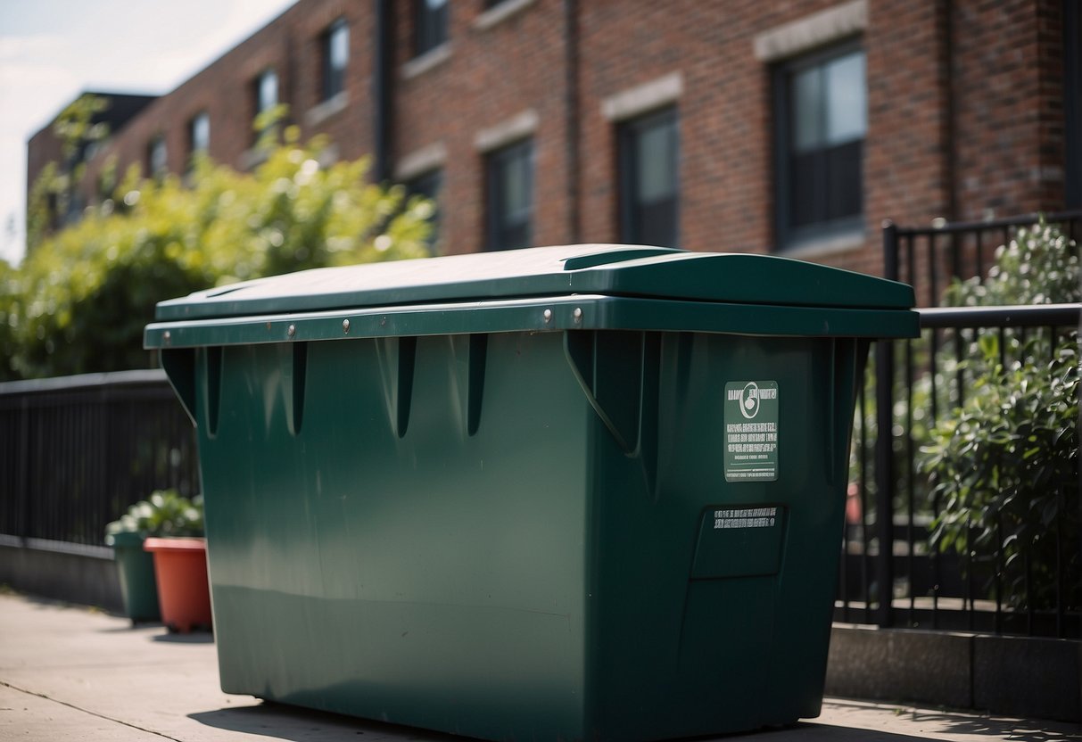 The dumpster lid is tightly closed, with no visible cracks or openings. Surrounding area is clean and free of food scraps or debris