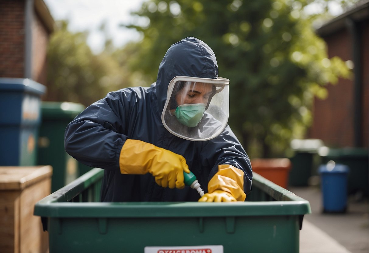 A person wearing gloves sprays insecticide around an outdoor dumpster to prevent pest infestation