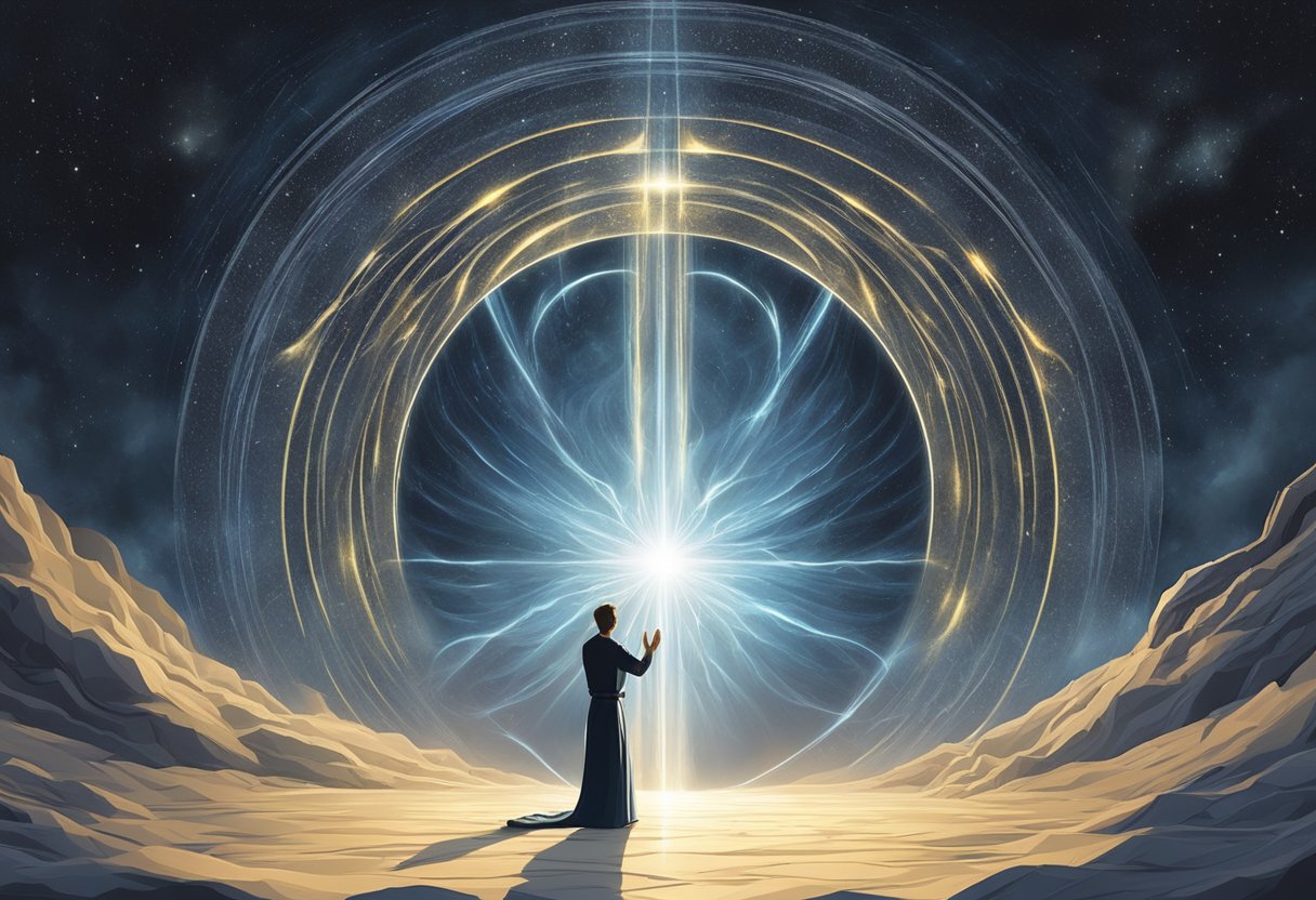 A figure kneels in prayer, surrounded by swirling dark energy. Above, a radiant shield of light forms, repelling the darkness