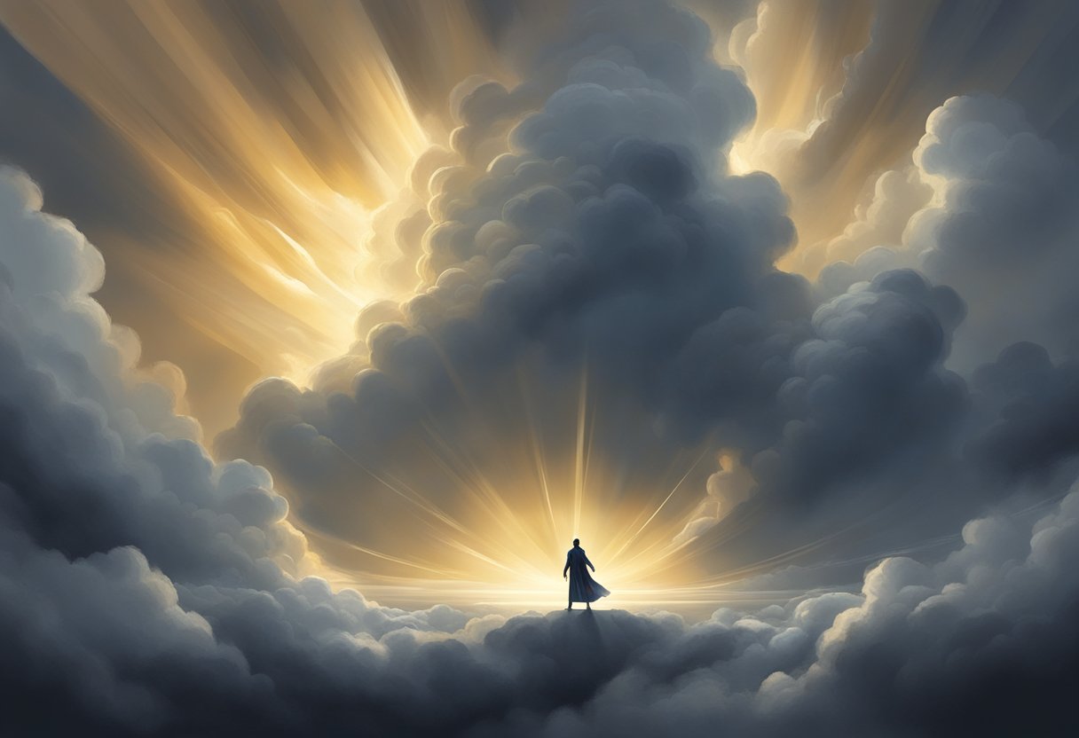 A figure stands tall, surrounded by swirling dark clouds. Rays of light break through, illuminating the figure's outstretched arms in a gesture of power and authority