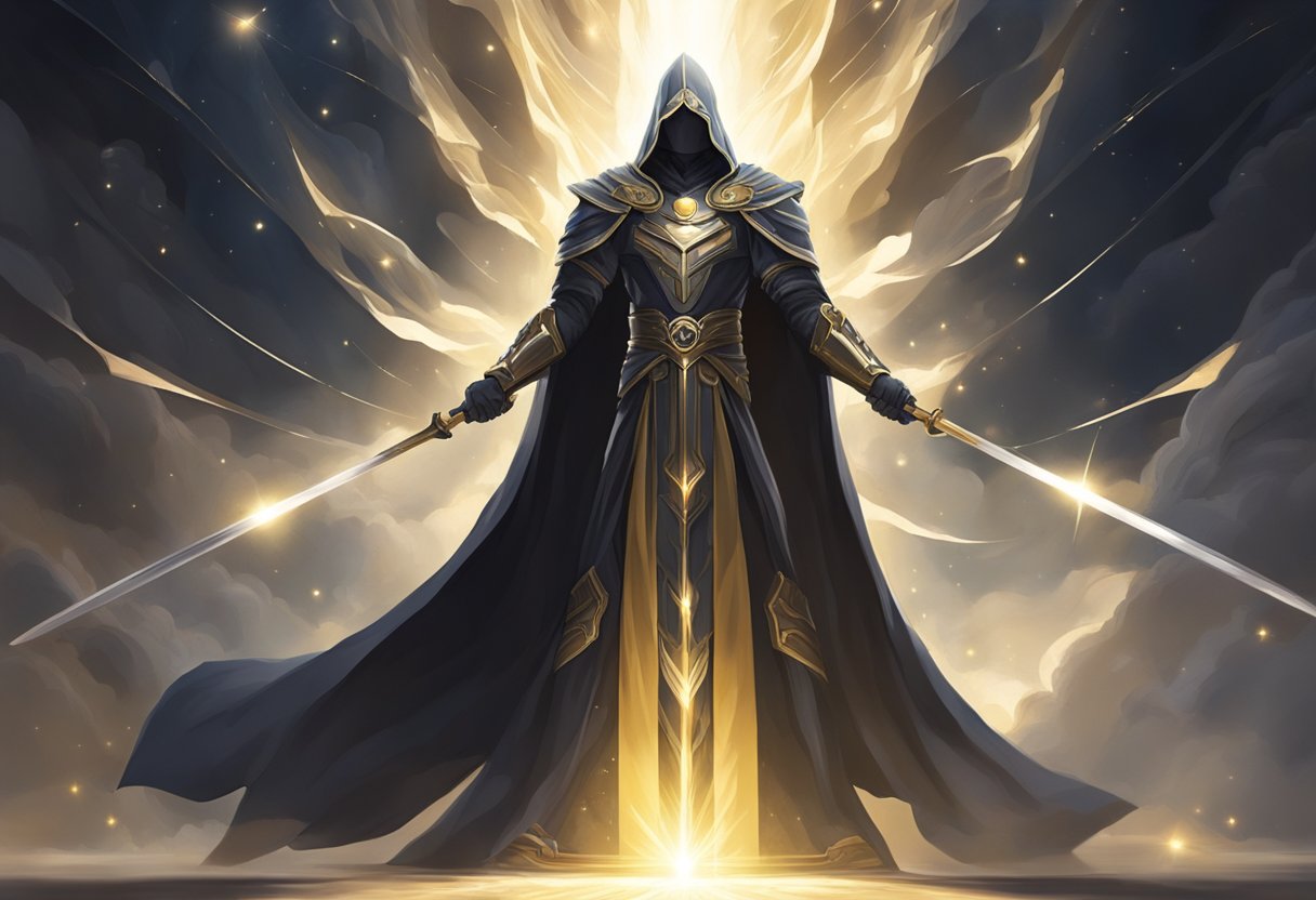 A figure stands in a beam of light, surrounded by swirling dark energy. They raise a sword, eyes closed in focused prayer. A radiant shield forms around them, pushing back the darkness