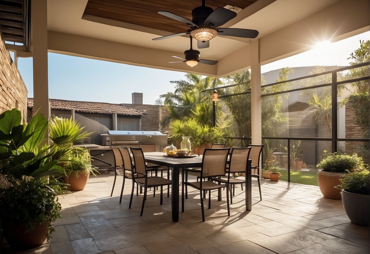 An outdoor patio with a large ceiling fan, surrounded by stylish and modern designs