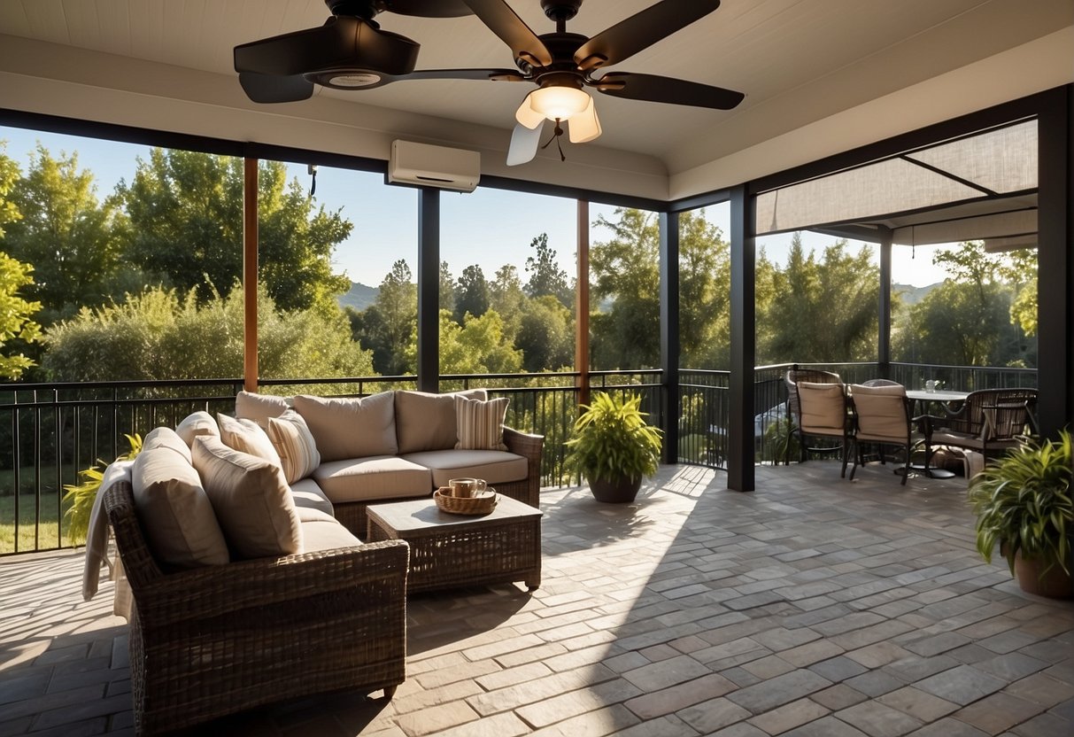 An outdoor patio with a large ceiling fan suspended above. The fan is designed for outdoor use and is positioned to provide optimal air circulation and cooling