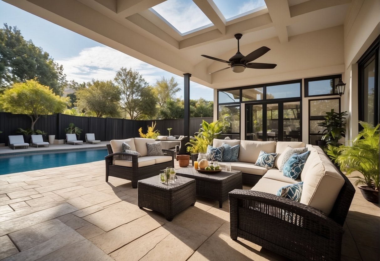 A large outdoor patio with a high ceiling, featuring a spacious seating area and a powerful, stylish ceiling fan for enhanced comfort