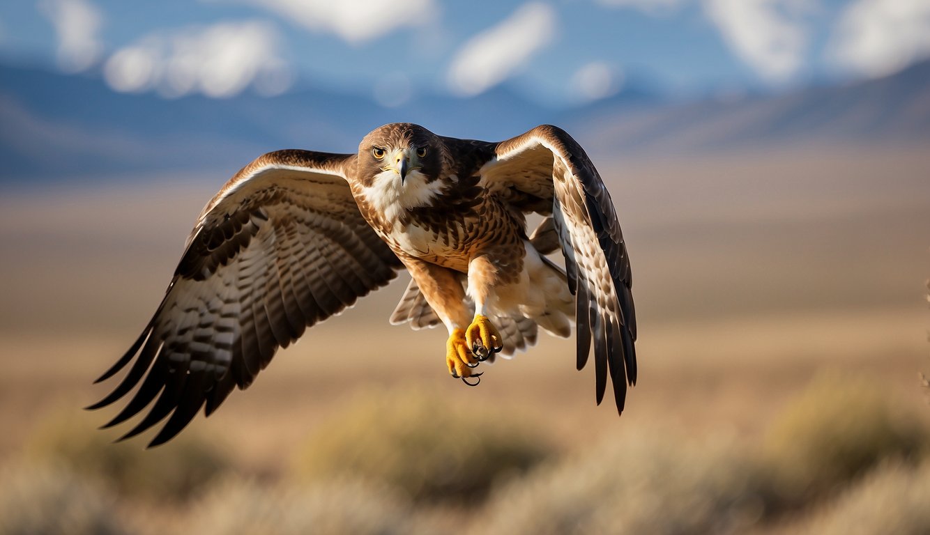 A Swainson's Hawk soars over vast plains, flanked by snow-capped mountains.

It navigates through turbulent winds, following a trail of migrating birds
