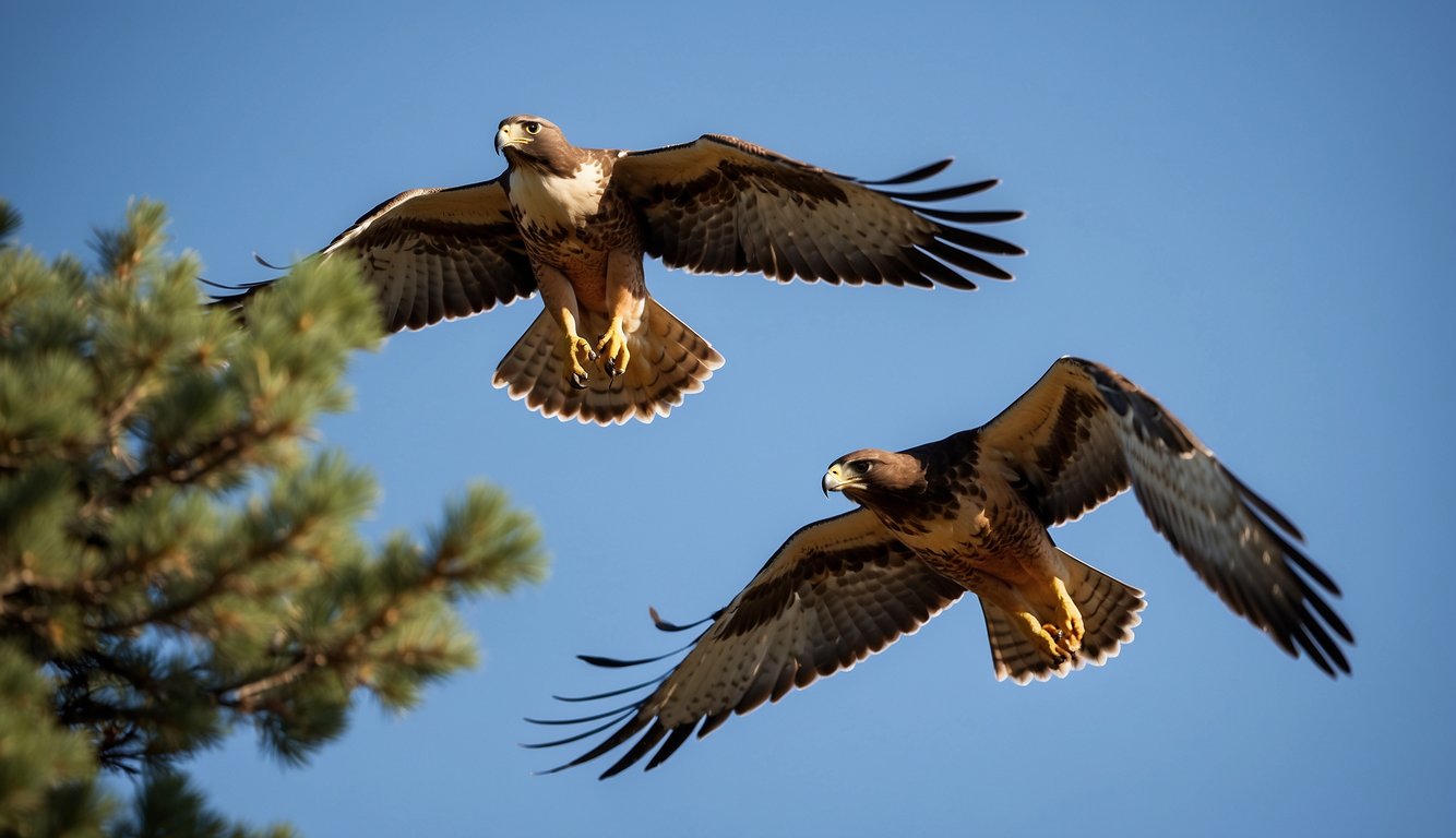 A group of Swainson's hawks soar gracefully through a clear blue sky, their wings outstretched and their keen eyes scanning the landscape below
