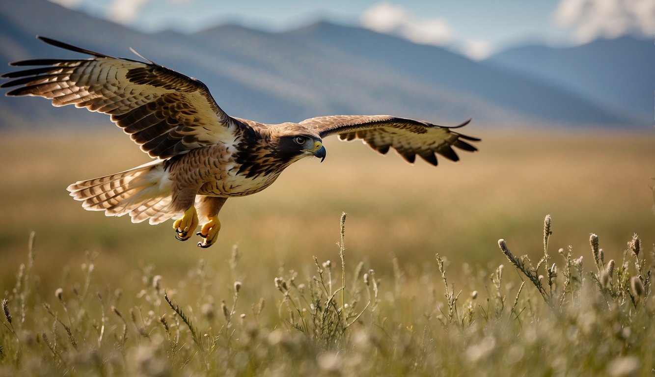 A Swainson's Hawk soars over vast open grasslands, flanked by distant mountains.

Its wings outstretched, catching the warm breeze as it embarks on its incredible migration journey
