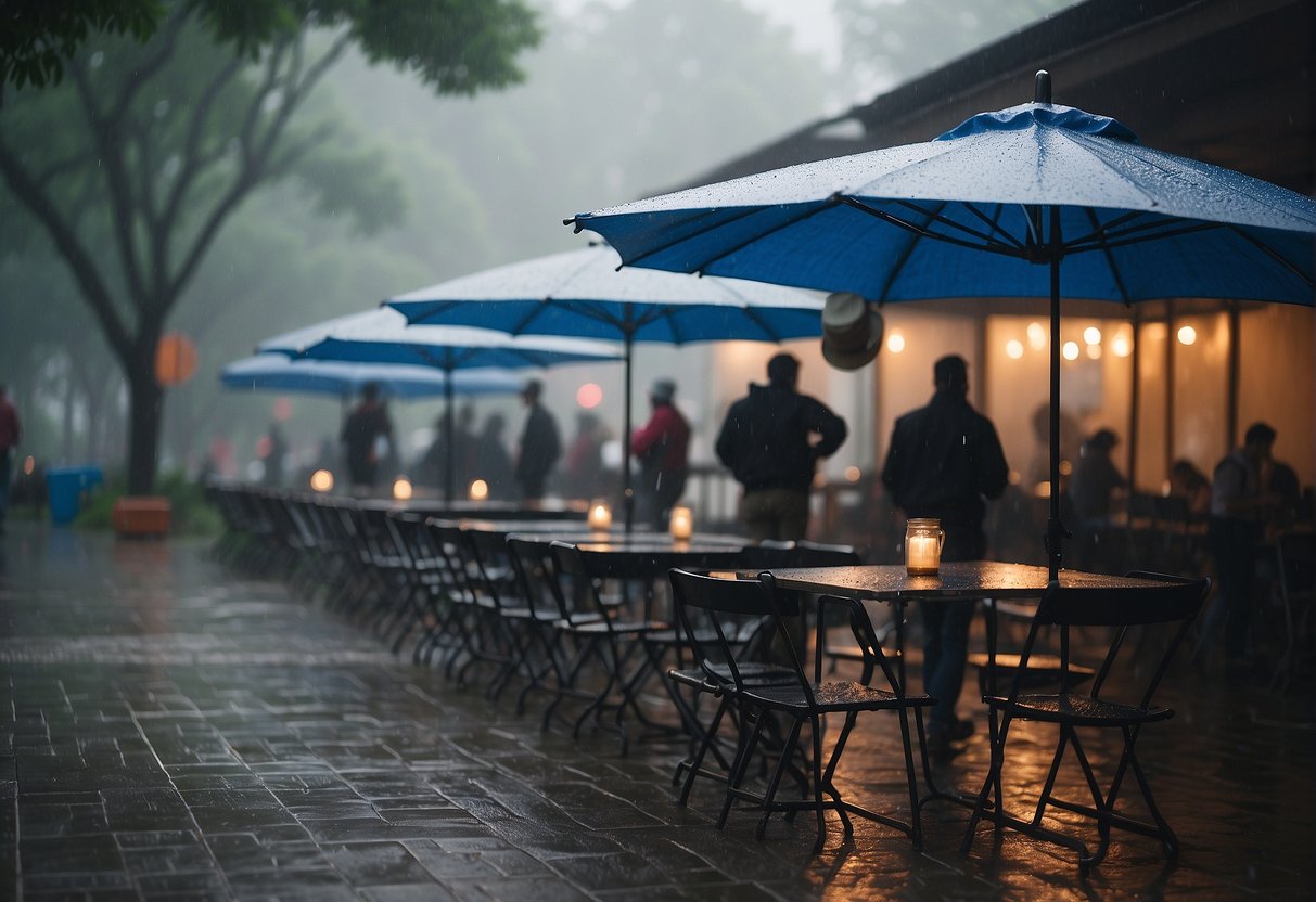 Tables covered, chairs moved under shelter, guests holding umbrellas, and staff setting up rain tents