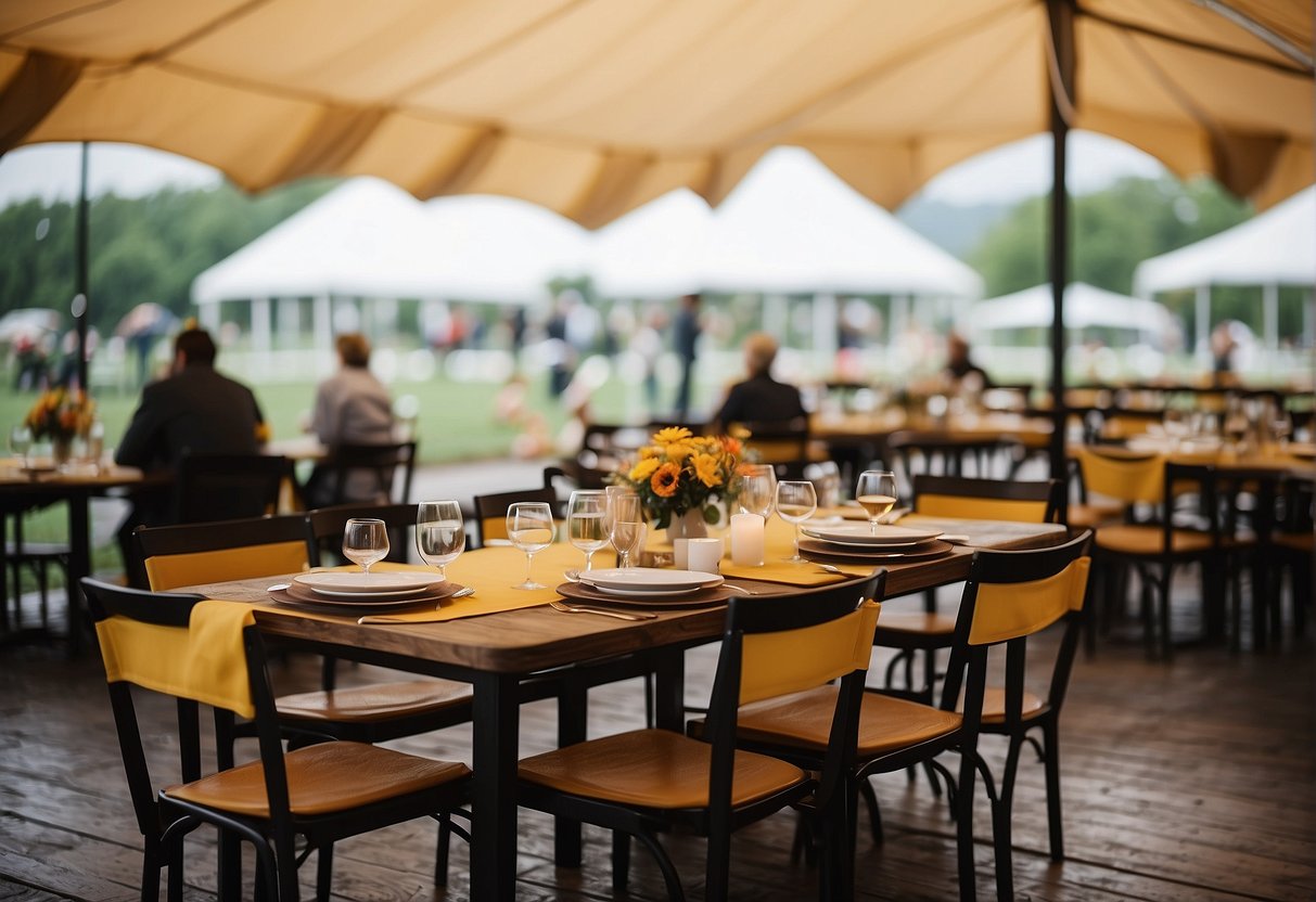 Tables moved under tent, umbrellas set up, guests given rain ponchos, music moved inside