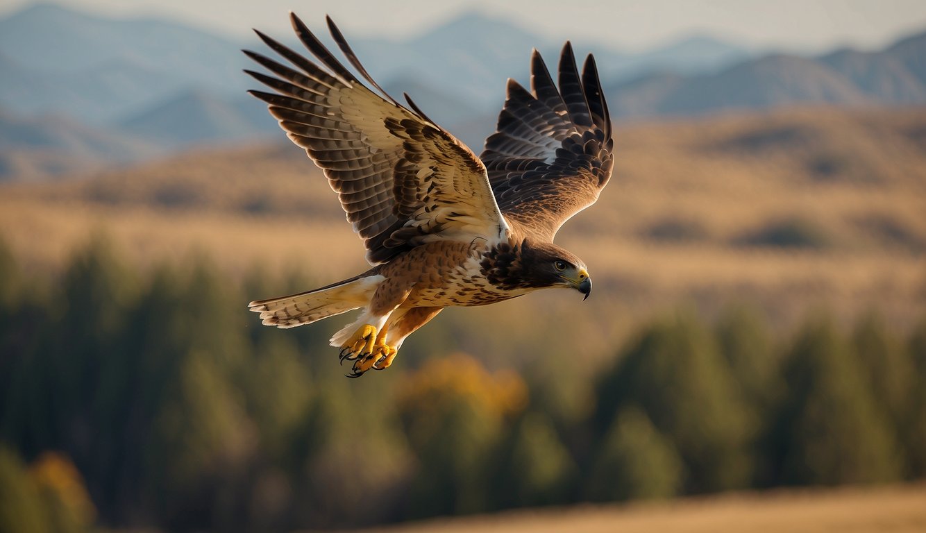 A Swainson's Hawk soars across a vast, open sky, flanked by other migrating birds.

The landscape below is a patchwork of fields and forests, with mountains in the distance