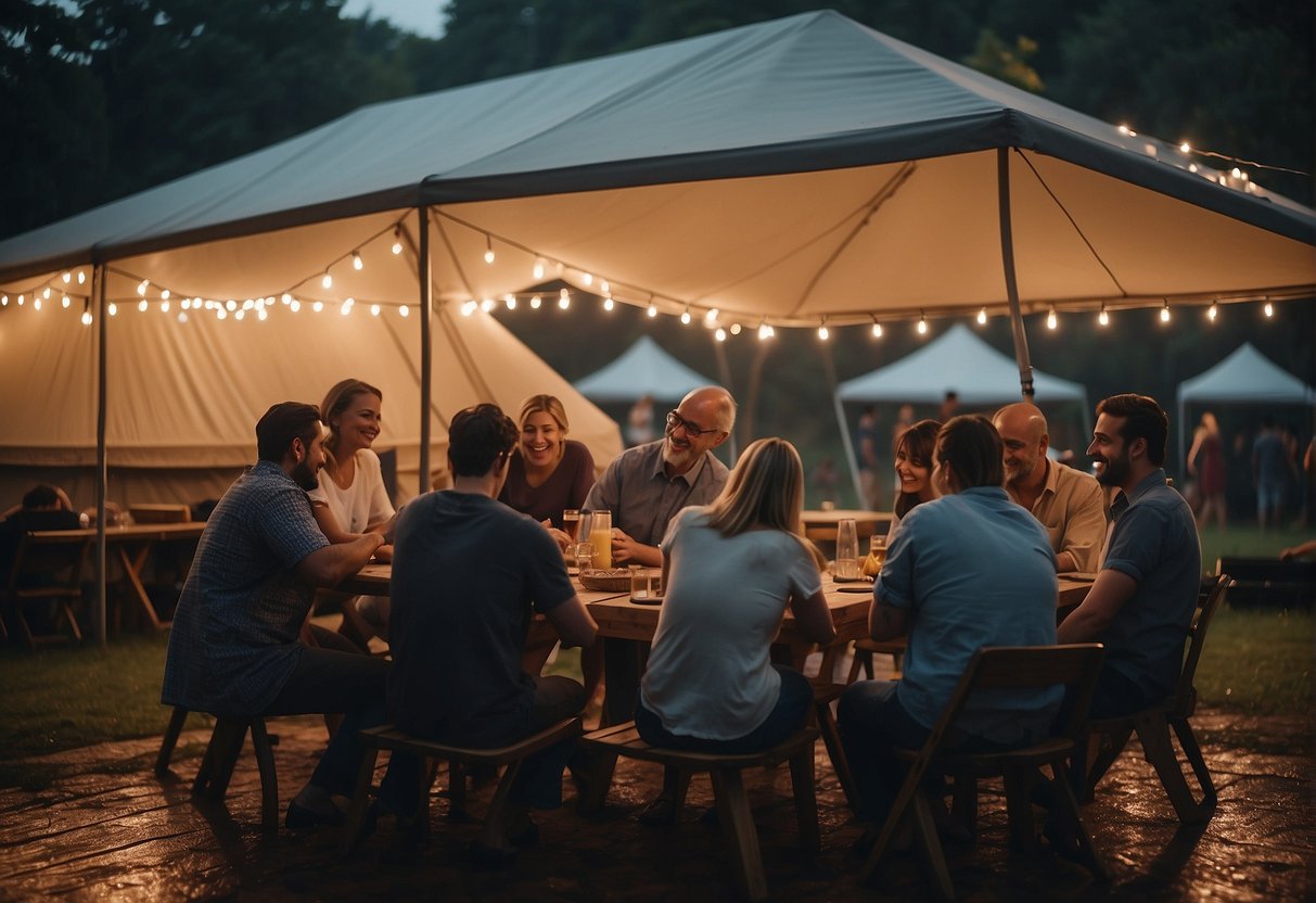 People gather under a large tent, playing board games and chatting. Some are cooking under a covered area, while others dance in the rain