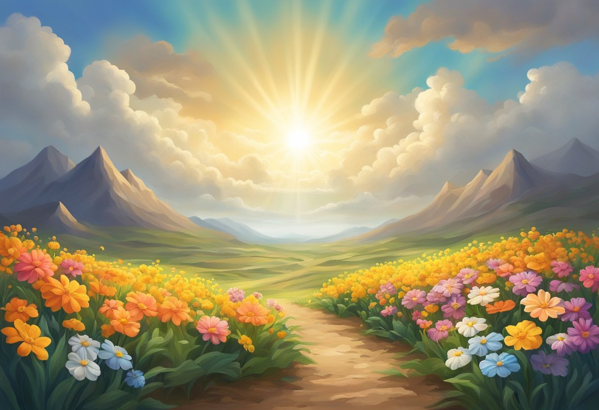A barren land blossoms with vibrant flowers, as a ray of sunlight breaks through the clouds, symbolizing hope and faith overcoming barrenness