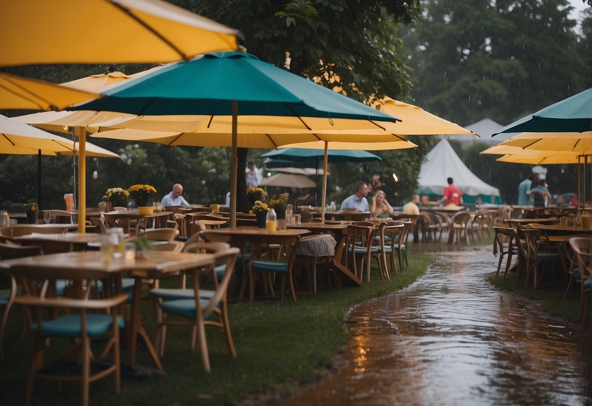 The ground glistens with raindrops, as guests huddle under a large tent. Tables and chairs are quickly rearranged, and colorful umbrellas are opened to shield the food and drinks. A few people grab extra towels to wipe down wet surfaces