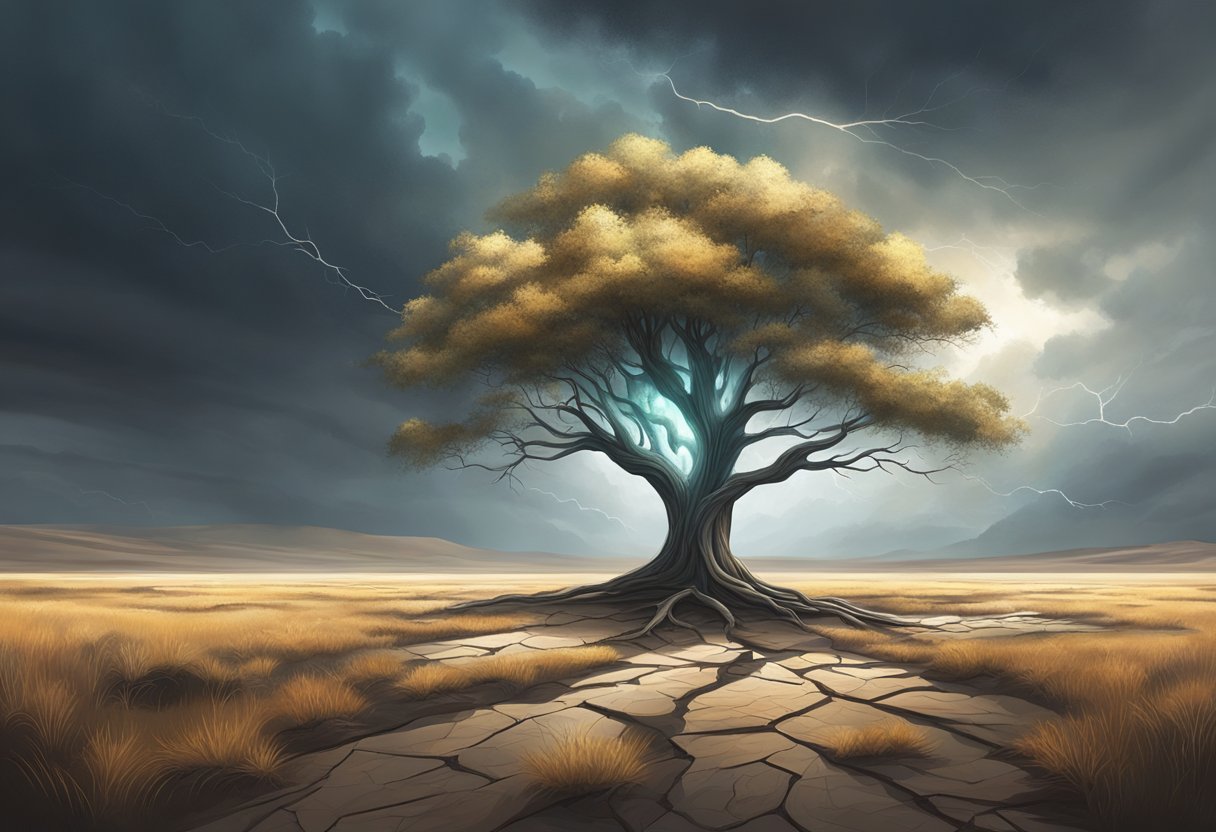 A lone tree stands in a desolate landscape, surrounded by cracked earth and withered plants. A beam of light breaks through the dark clouds, illuminating the tree with hope