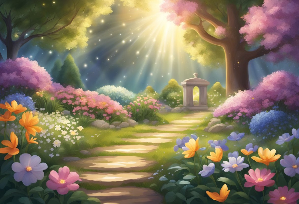 A serene garden with blooming flowers and a glowing aura, surrounded by symbols of fertility and faith. A beam of light shines down, illuminating the scene with hope and promise