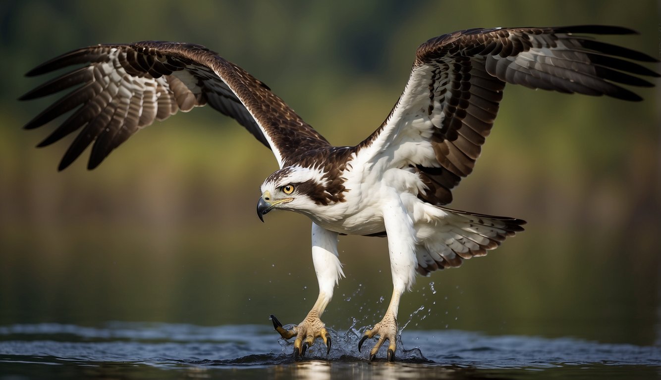The osprey dives gracefully into the water, its sharp talons poised to snatch a fish.

Its wings are outstretched, and its keen eyes focus intently on the shimmering prey below