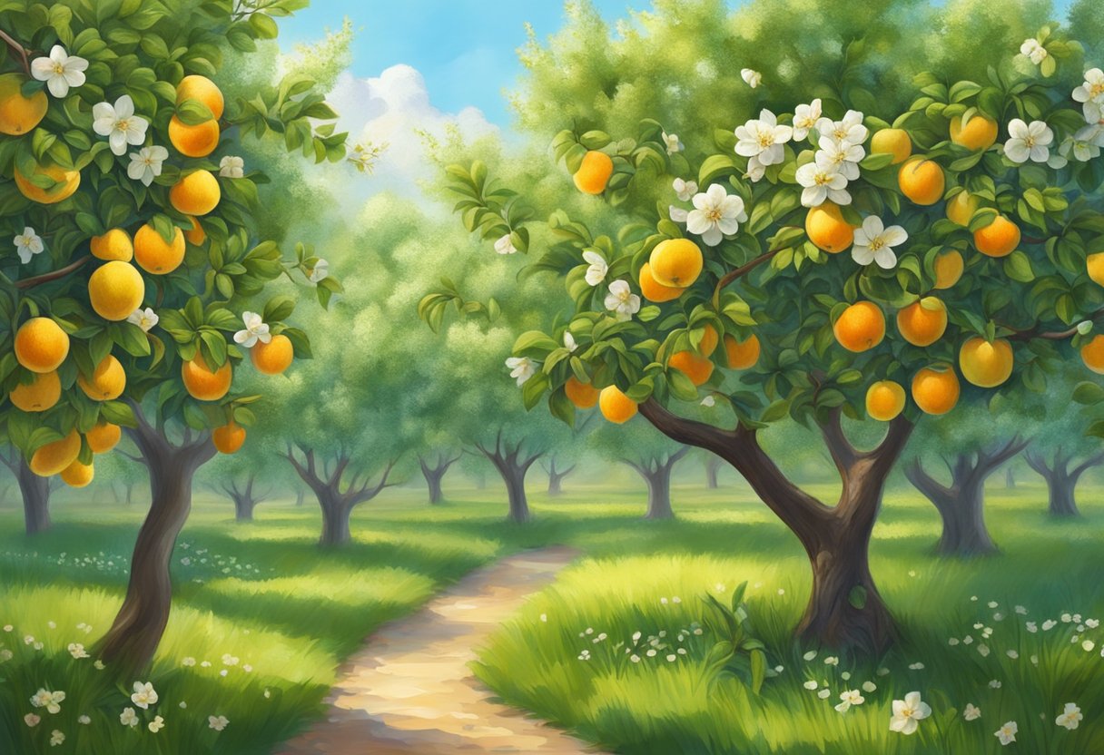 A lush orchard with blooming trees and abundant fruit, surrounded by a sense of hope and faith