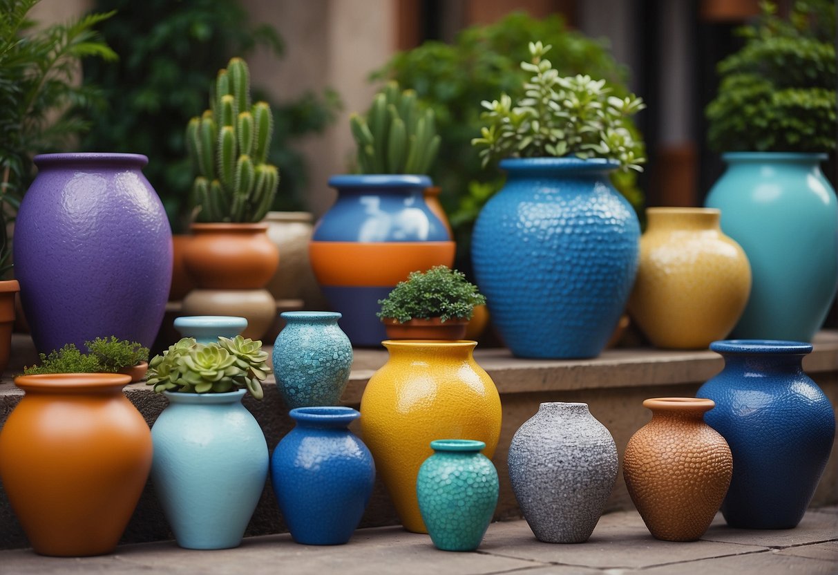 Colorful pots, pebbles, and decorative stones fill the outdoor planters. Brightly painted sculptures and metal art add visual interest