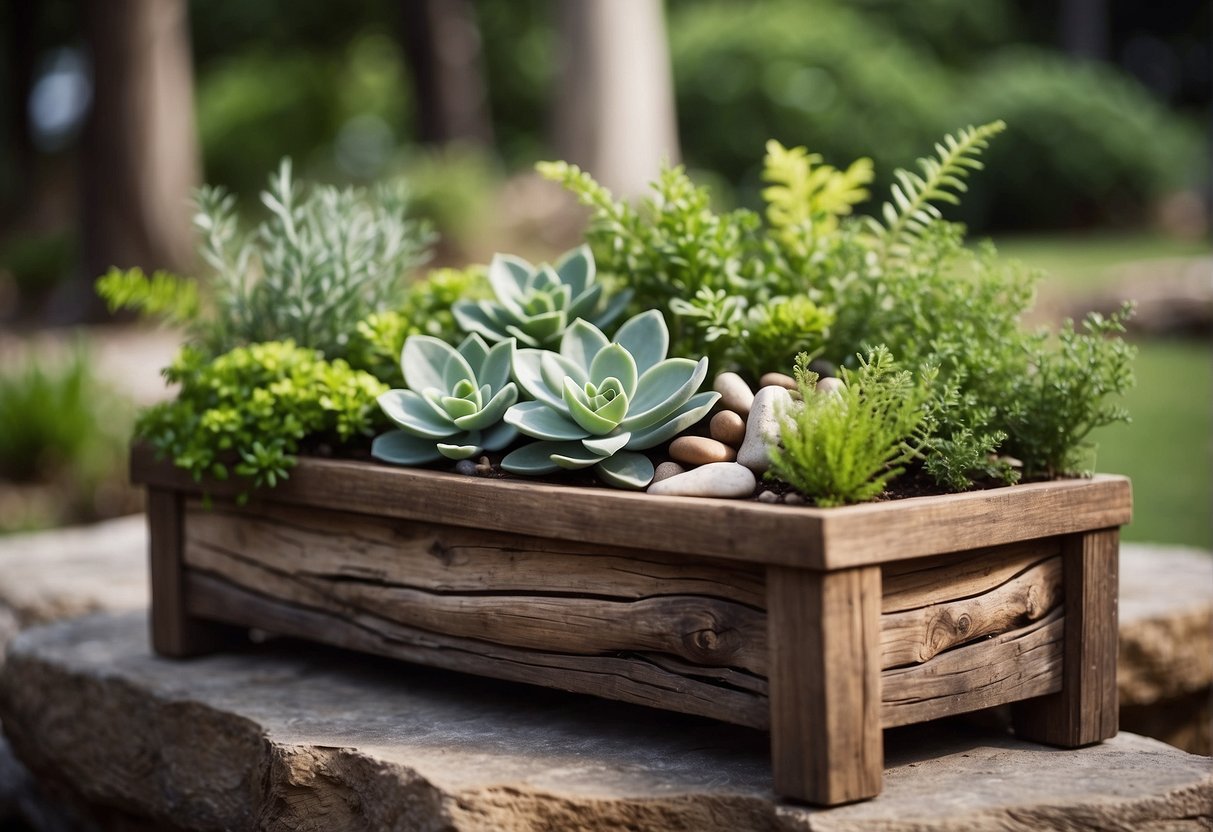 Lush greenery, colorful stones, and driftwood arranged in outdoor planters