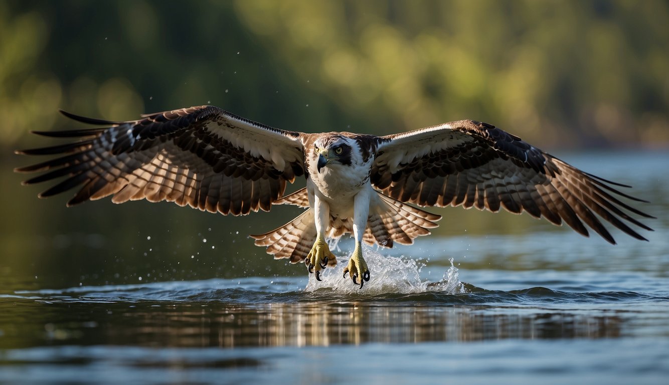An osprey swoops down, talons extended, towards a shimmering body of water.

Its wings are outstretched, and its eyes are fixed on the target below
