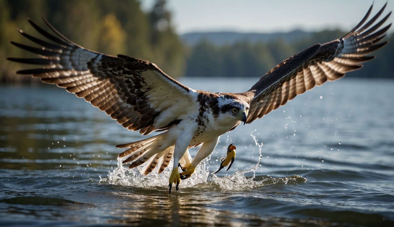 An osprey swoops down, talons extended, to snatch a fish from the water with precision and speed.

The bird's intense focus and powerful wings are on display as it captures its prey