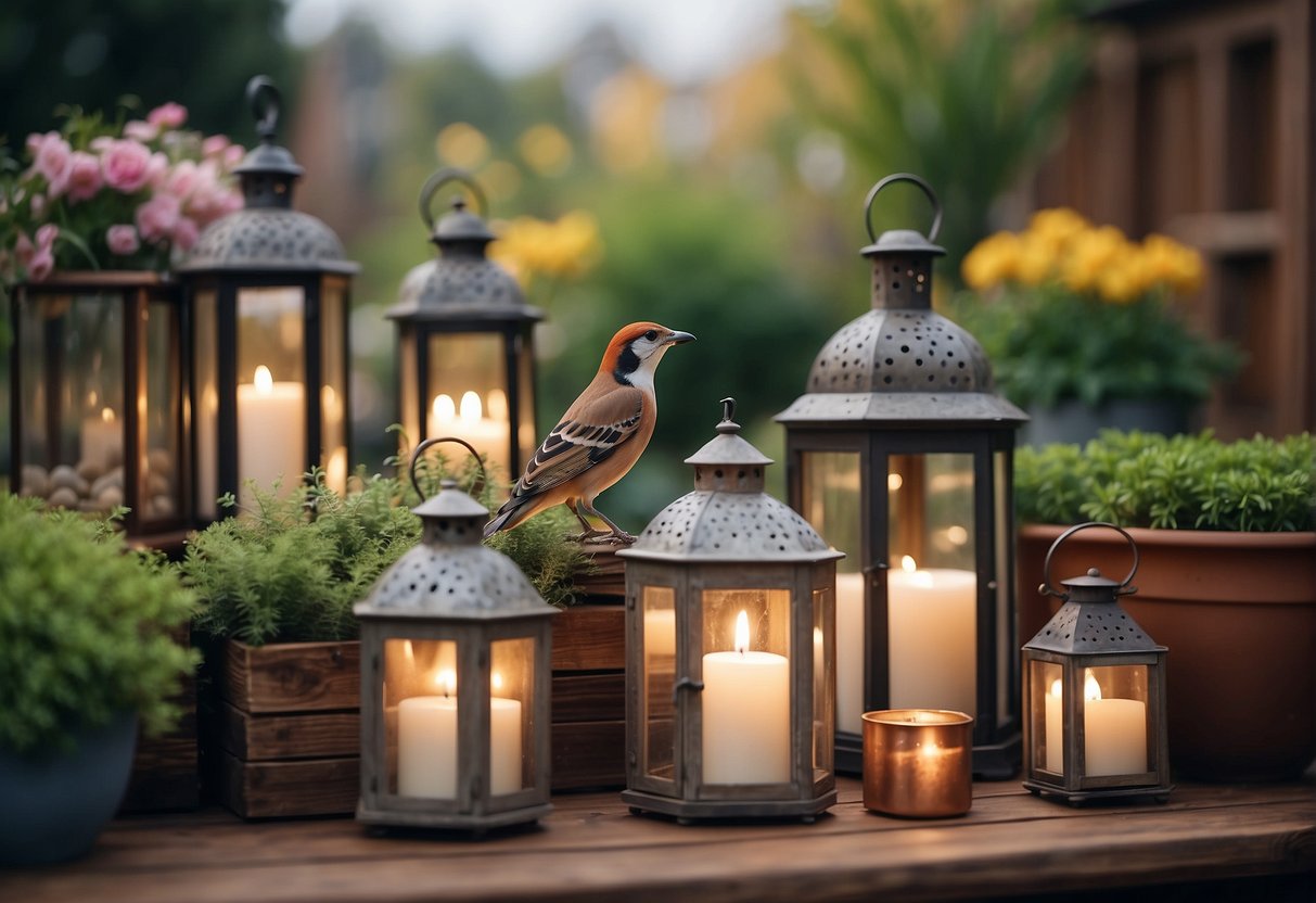 A variety of decorative objects fill outdoor planters: stones, shells, candles, lanterns, and bird feeders