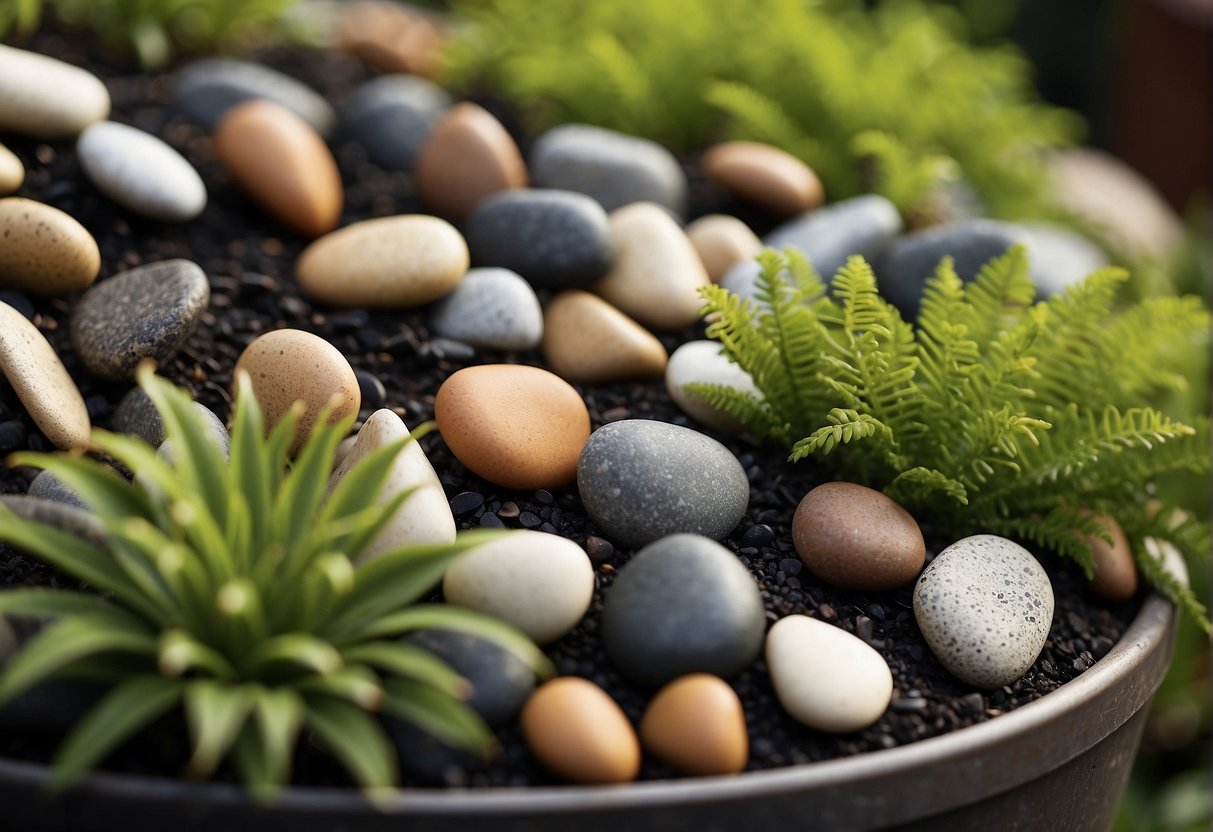 A variety of non-plant materials such as rocks, pebbles, wood chips, or decorative glass can be placed in outdoor planters for added visual interest and texture