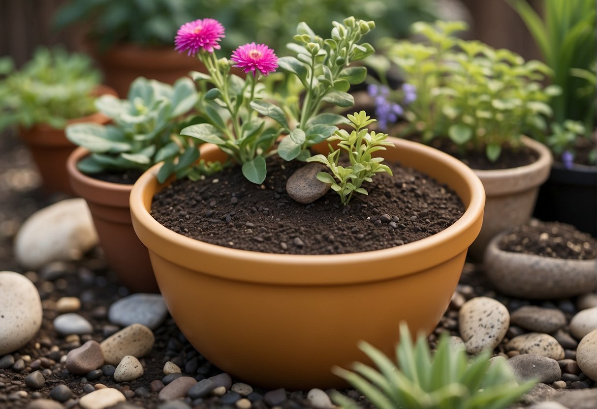 A variety of gardening tools, soil, fertilizer, and decorative rocks arranged around a set of empty outdoor planters