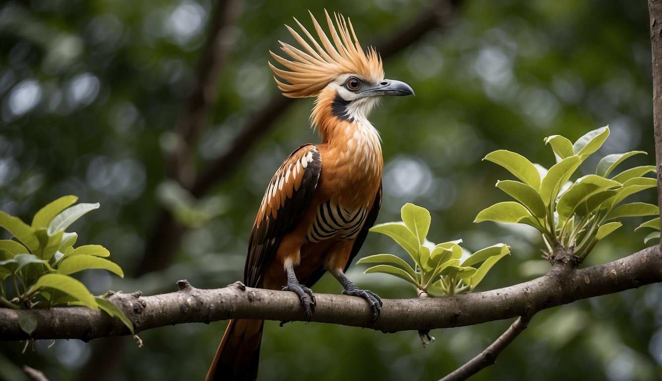 The hoatzin perches on a branch, plucking leaves from the trees, while its distended crop bulges with fermenting plant material