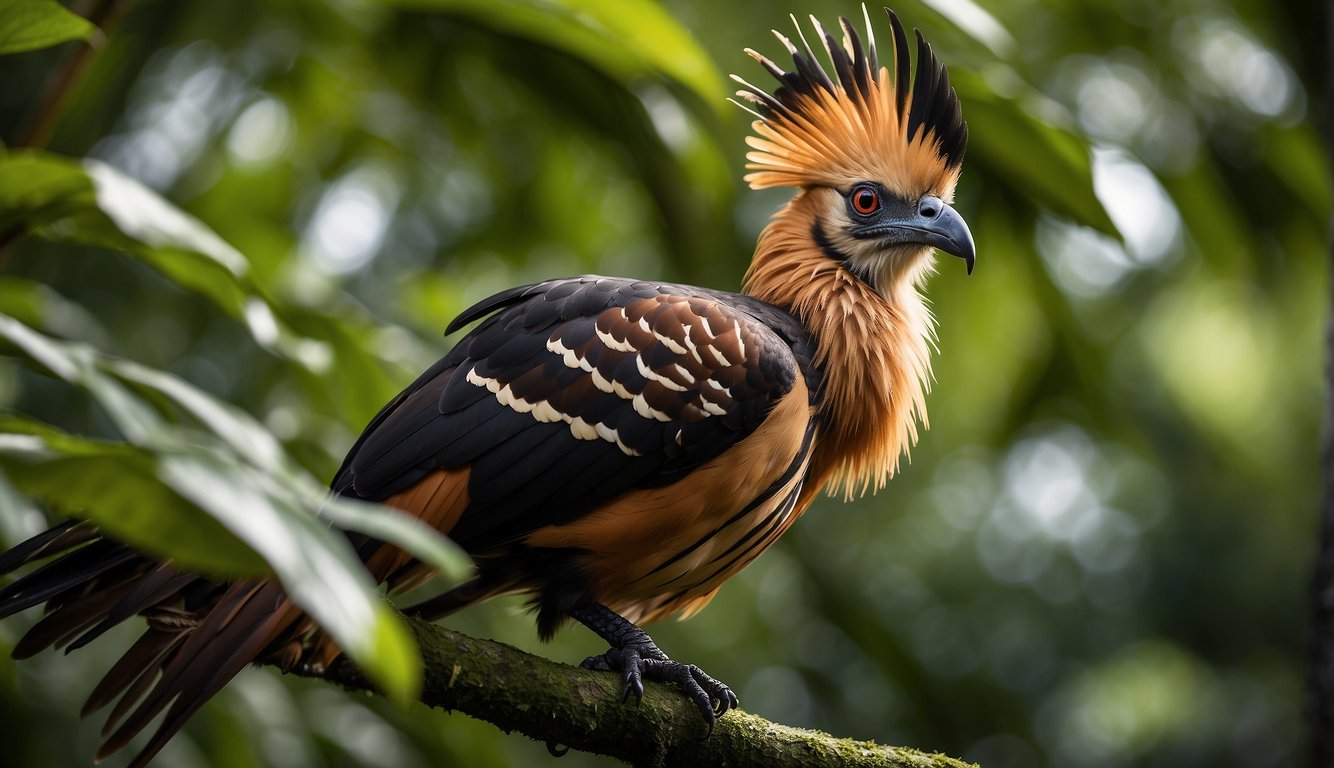 The Hoatzin perched on a branch, nibbling on leaves, while its distinctive red eyes and spiky crest stand out against the lush greenery of the Amazon rainforest