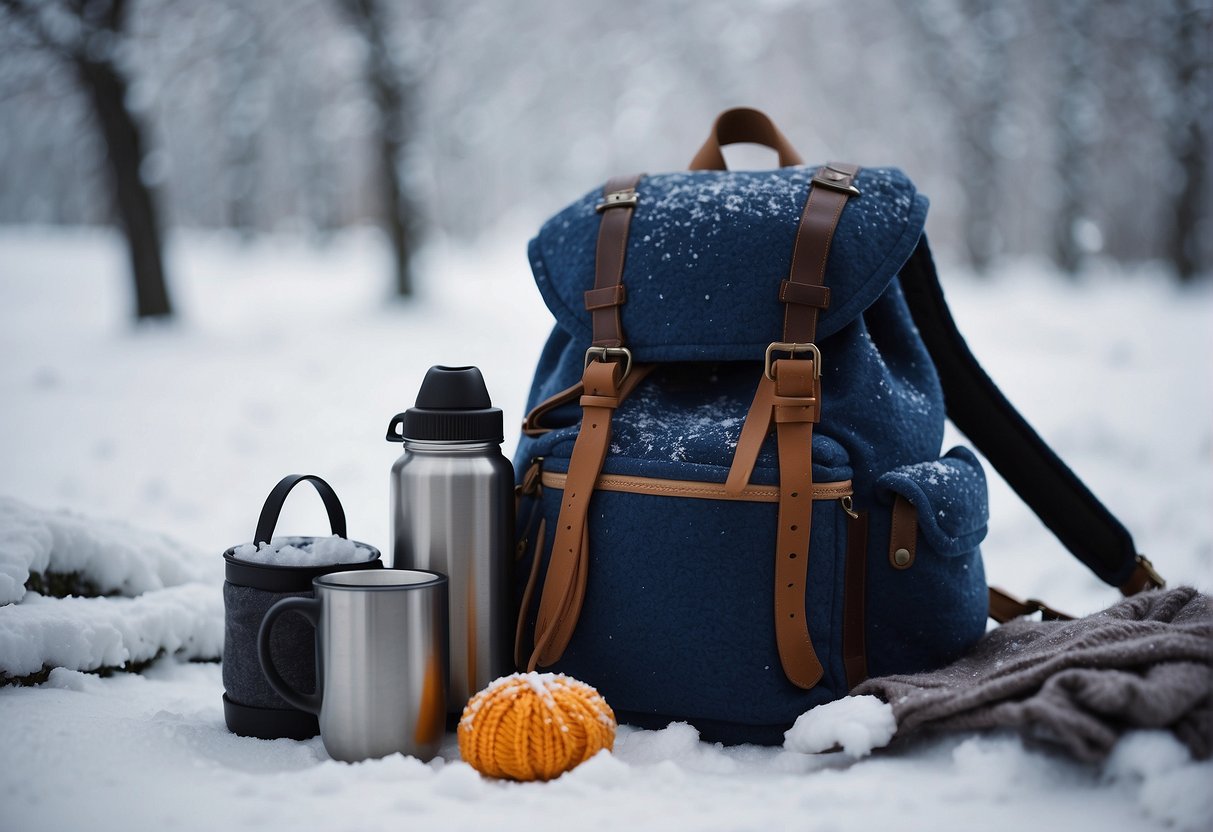 A cozy winter scene with a backpack, wool hat, scarf, gloves, and a thermos of hot drink, set against a snowy background