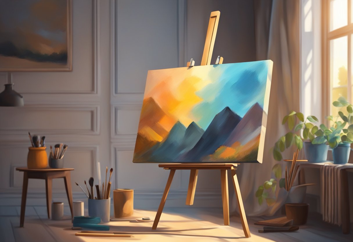 A canvas on an easel, with a palette of colors and paintbrushes. A soft light illuminates the scene, casting shadows on the canvas