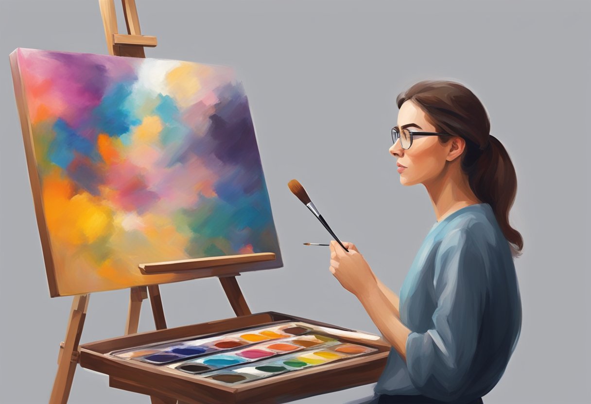 A palette with various colors, a canvas on an easel, and a paintbrush in motion capturing the essence of a person's likeness