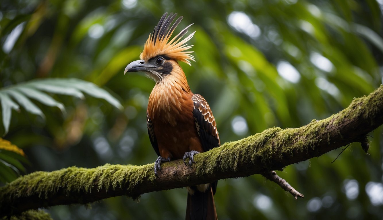 The hoatzin perches on a branch, surrounded by lush Amazonian foliage.

It pecks at leaves, displaying its unique ruminant digestion process