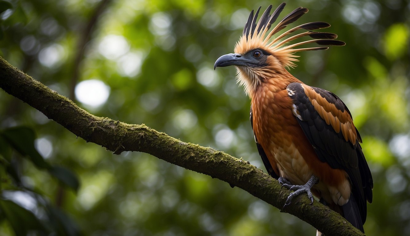 The hoatzin perched on a tree branch, surrounded by lush Amazon foliage.

It plucks leaves from the branches and chews them, its unique digestive system at work