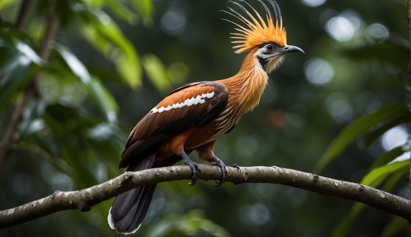 The hoatzin perches on a branch, surrounded by lush Amazonian foliage.

It pecks at leaves, showcasing its unique ruminant bird diet