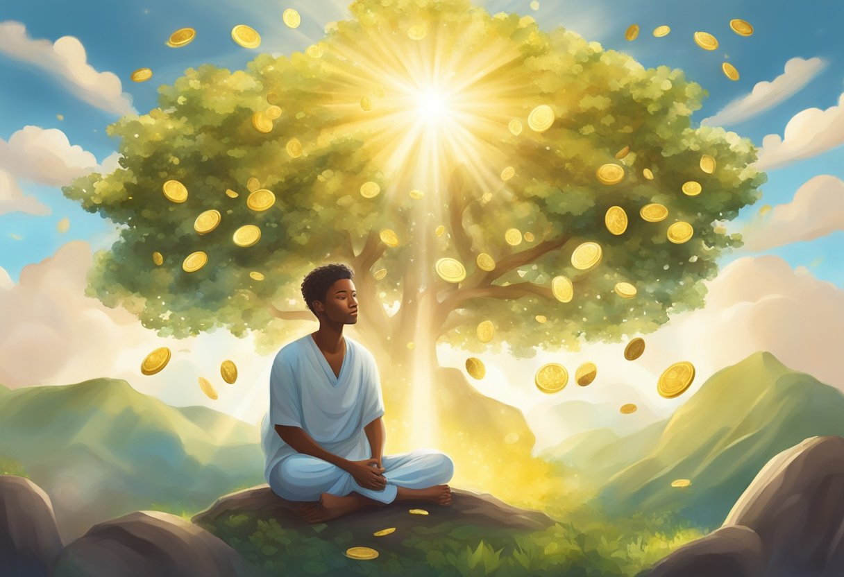 A serene figure sits beneath a tree, surrounded by symbols of wealth and abundance. Rays of light break through the clouds, representing hope and freedom from financial burdens